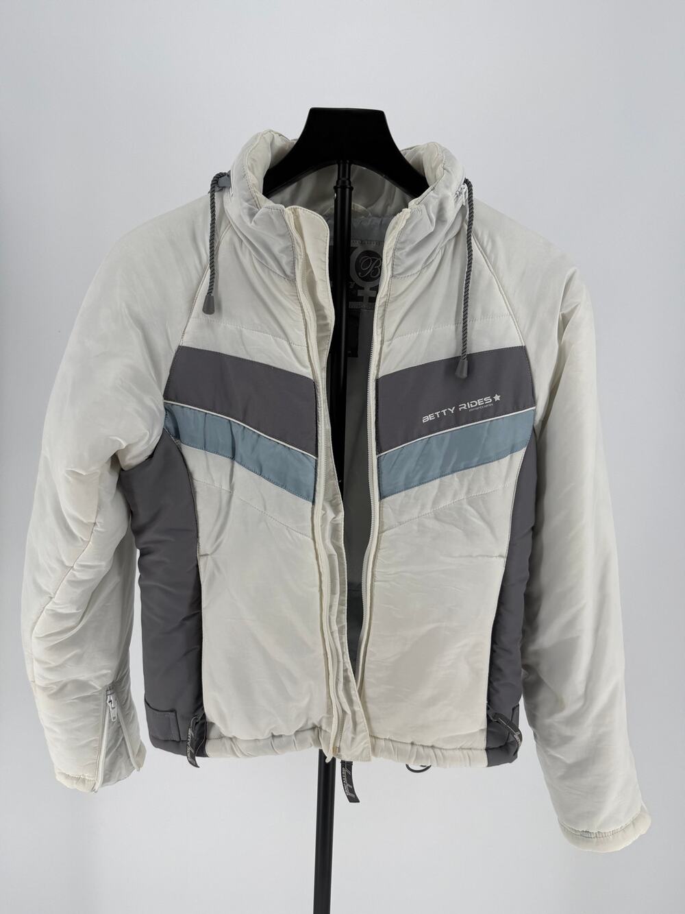 Betty Rides Elements Womens XS Ski Snowboard Jacket Y2K White Gray Hooded